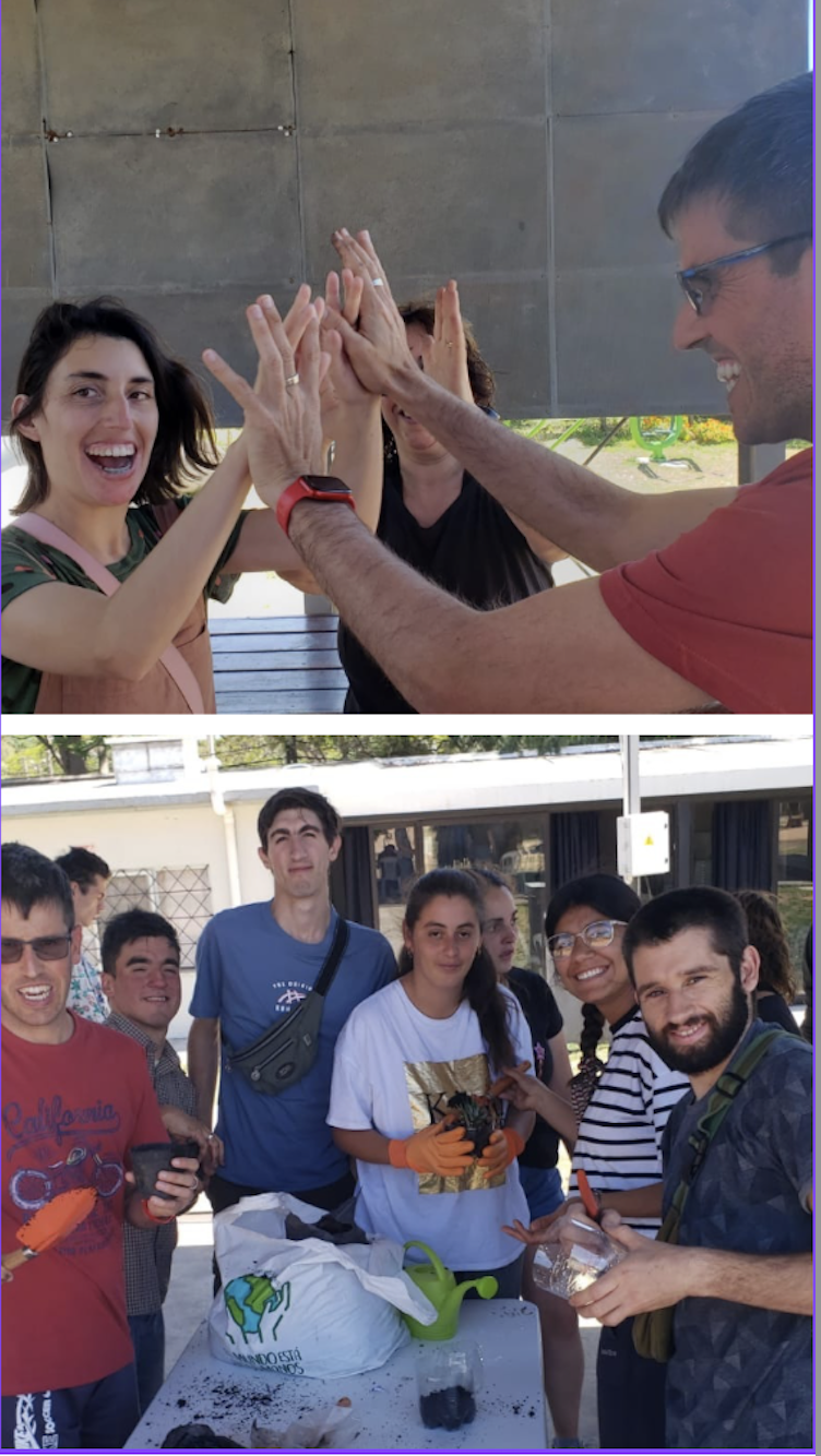La imagen muestra a los estudiantes del curso "Uno más" en la etapa de producción de plantas suculentas.