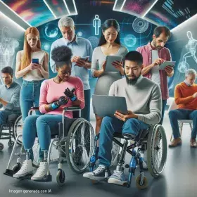 Grupo de personas con distintas capacidades disfrutando de la  tecnología. Imagen generada por IA