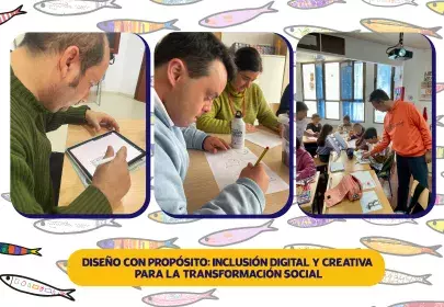 Diseño con propósito: Tres imágenes de 3 personas. En la primera aparece una persona con un ipad, haciéndo un trabajo de ilustración. En la segunda una persona realizando un boceto a lápiz. En la tercera una persona dando indicaciones a un niño en un aula en un taller de diseño